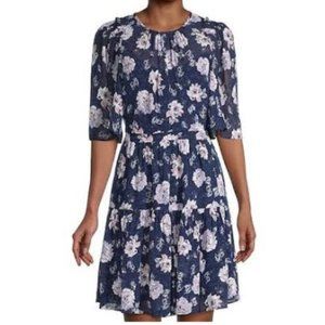 Rebecca Taylor Navy Floral Peony Tiered Dress